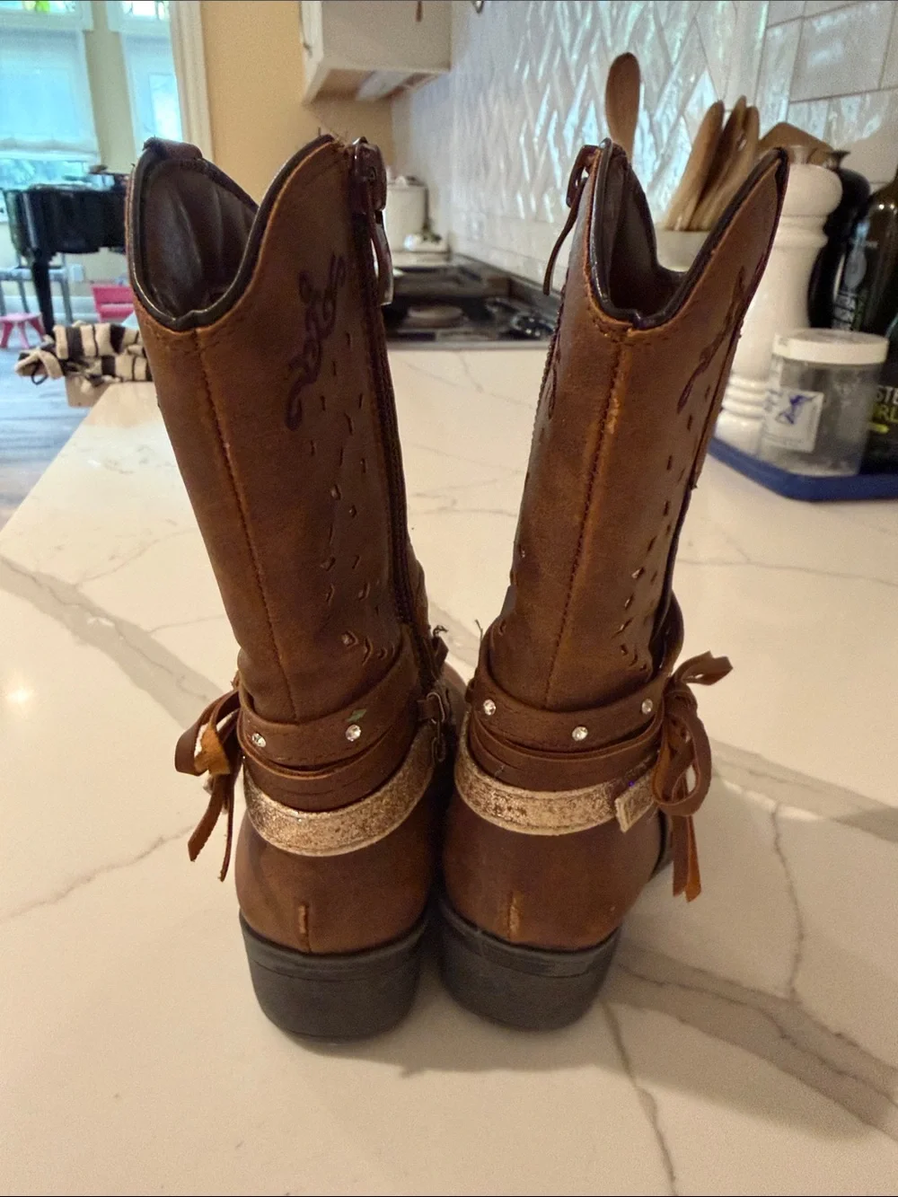 Girls Brown Cowboy Boots with Glitter & Bow Accent